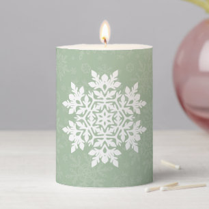 Elegant White Snowflake-Sage PIne Pillar Candle