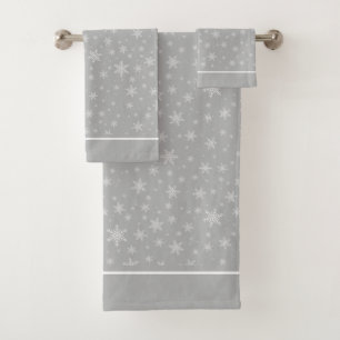 Elegant White Snowflakes on Silver Gray Bath Towel Set