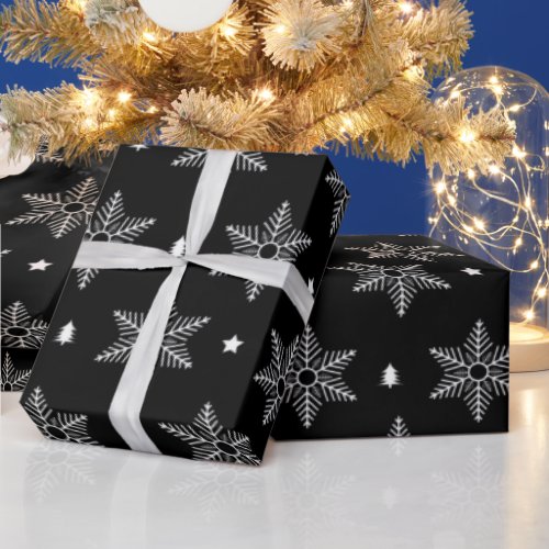 Elegant White Snowflakes Pattern Black Christmas Wrapping Paper