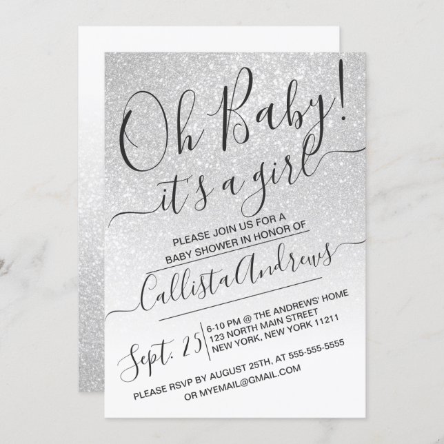 Elegant White Sparkly Glitter Ombre Baby Shower Invitation (Front/Back)