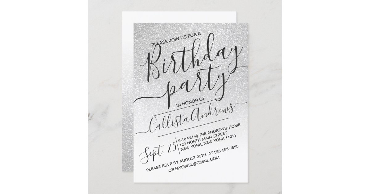 Elegant White Sparkly Glitter Ombre Birthday Invitation | Zazzle