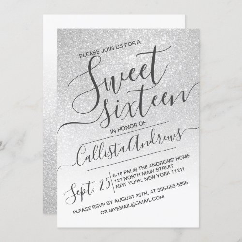 Elegant White Sparkly Glitter Ombre Sweet 16 Invitation