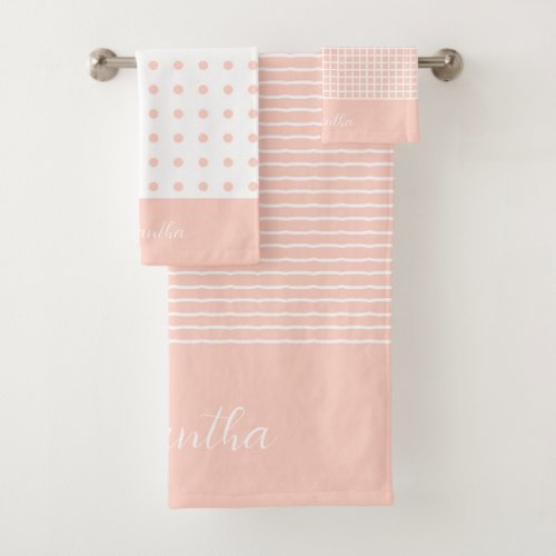 Elegant White Stripe and Check Pink Polka Dot  Bath Towel Set