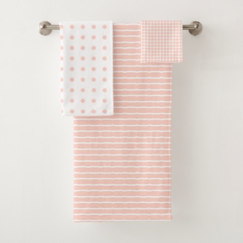 Elegant White Stripe and Check Pink Polka Dot  Bath Towel Set