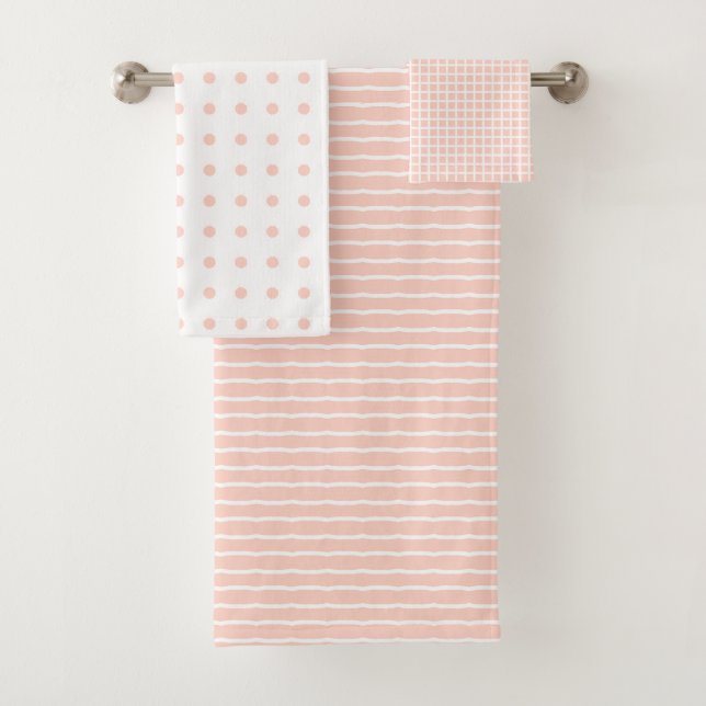 Elegant White Stripe and Check Pink Polka Dot  Bath Towel Set (Insitu)