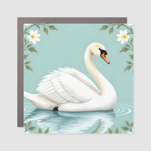 Elegant white swan floral blue car magnet