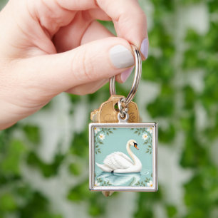 Elegant white swan floral blue keychain