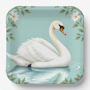 Elegant white swan floral blue paper plates