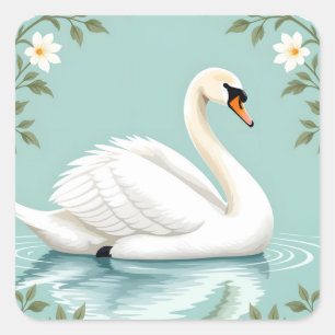 Elegant white swan floral blue square sticker