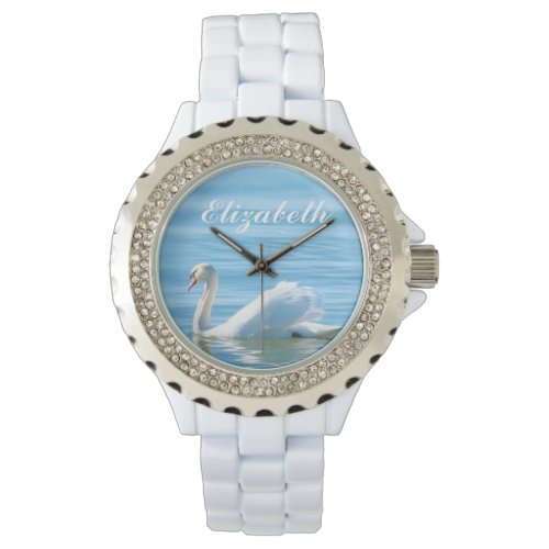 Elegant White Swan Personalized Name Watch