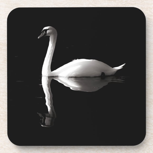 Elegant White Swan Reflection On Black Lake Beverage Coaster (Front)