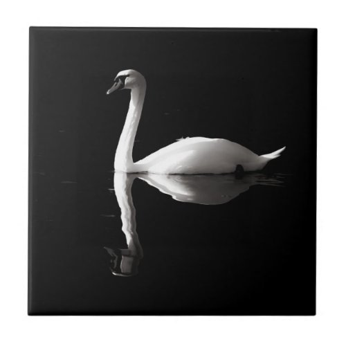 Elegant White Swan Reflection On Black Lake Ceramic Tile