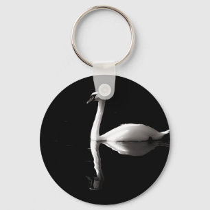 Elegant White Swan Reflection On Black Lake Keychain
