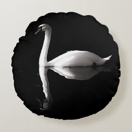 Elegant White Swan Reflection On Black Lake Round Pillow