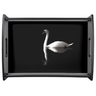 Elegant White Swan Reflection On Black Lake Serving Tray