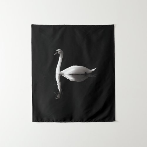 Elegant White Swan Reflection On Black Lake Tapestry