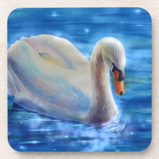 Elegant white swan watercolor painting beverage coaster (Front)