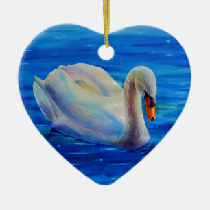 Elegant white swan watercolor painting ceramic ornament