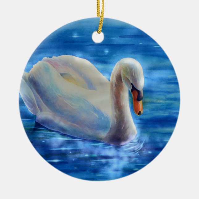 Elegant white swan watercolor painting ceramic ornament (Front)