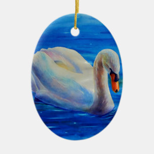 Elegant white swan watercolor painting ceramic ornament