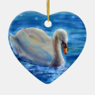 Elegant white swan watercolor painting ceramic ornament