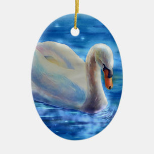 Elegant white swan watercolor painting ceramic ornament
