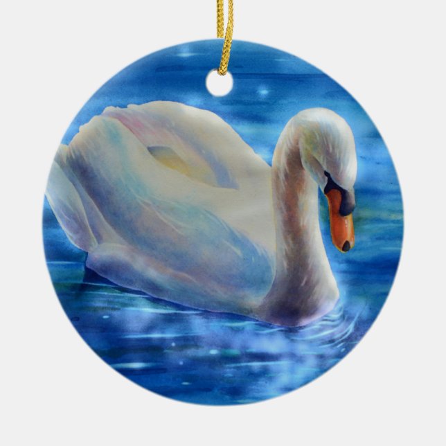 Elegant white swan watercolor painting ceramic ornament (Front)