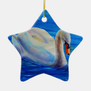 Elegant white swan watercolor painting ceramic ornament