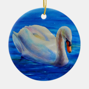 Elegant white swan watercolor painting ceramic ornament