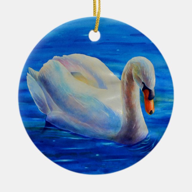 Elegant white swan watercolor painting ceramic ornament (Front)