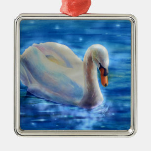 Elegant white swan watercolor painting metal ornament