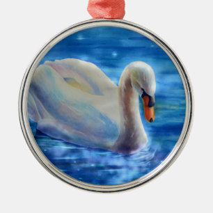 Elegant white swan watercolor painting metal ornament
