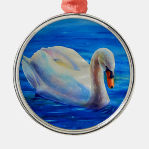 Elegant white swan watercolor painting metal ornament