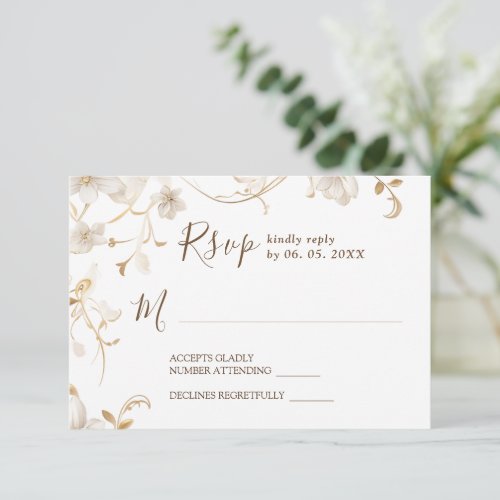 Elegant White Tan Floral Botanical Garden Wedding RSVP Card