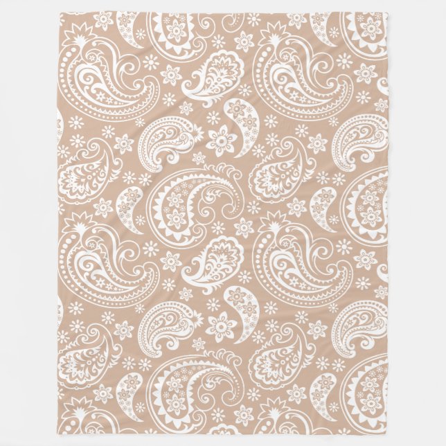 Elegant White & Tan Vintage Paisley Pattern Fleece Blanket (Front)