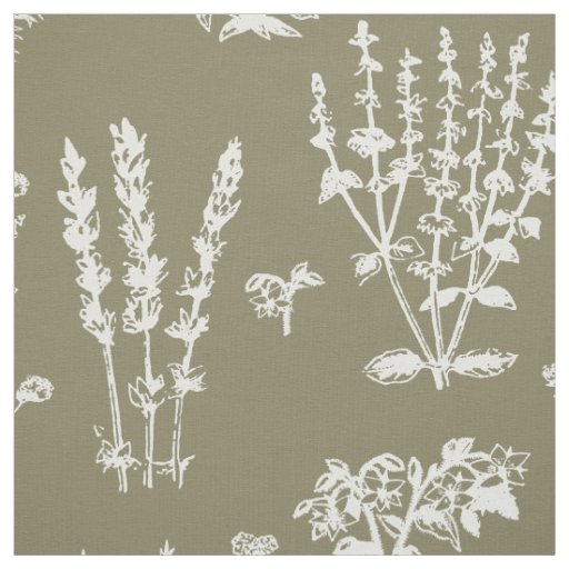 Elegant White Taupe Herbal Garden Pattern Fabric