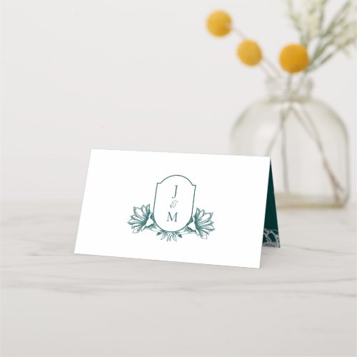 Elegant White  Teal Botanical Monogram Crest Place Card