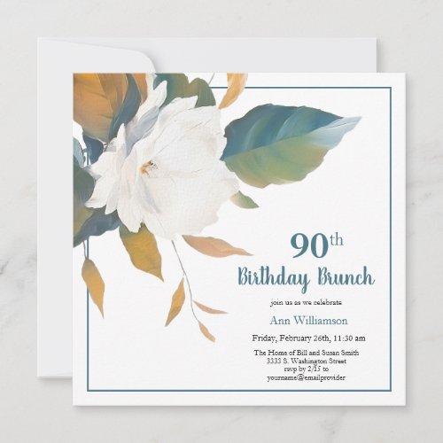 Elegant White Teal Floral 90th Birthday Party Invitation