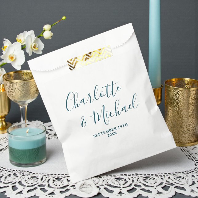 Elegant White & Teal Script Minimalist Wedding Favor Bag (Creator Uploaded)