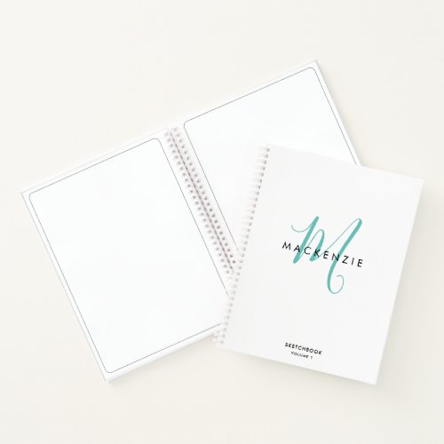 Elegant White Teal Script Monogram Sketchbook Notebook