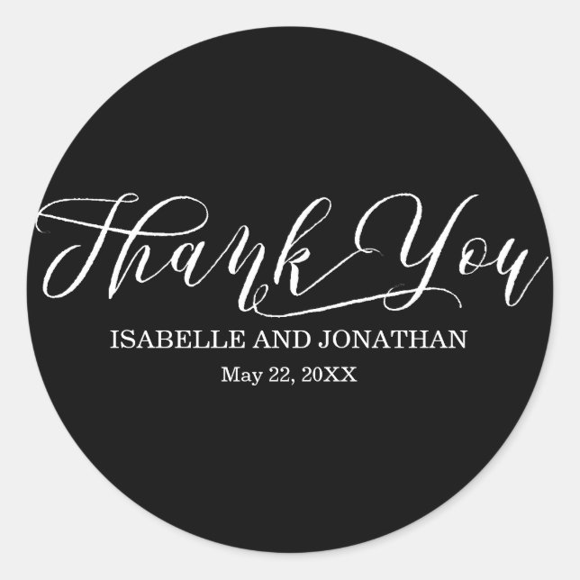 Elegant White Text on Black Personalized Wedding Classic Round Sticker (Front)
