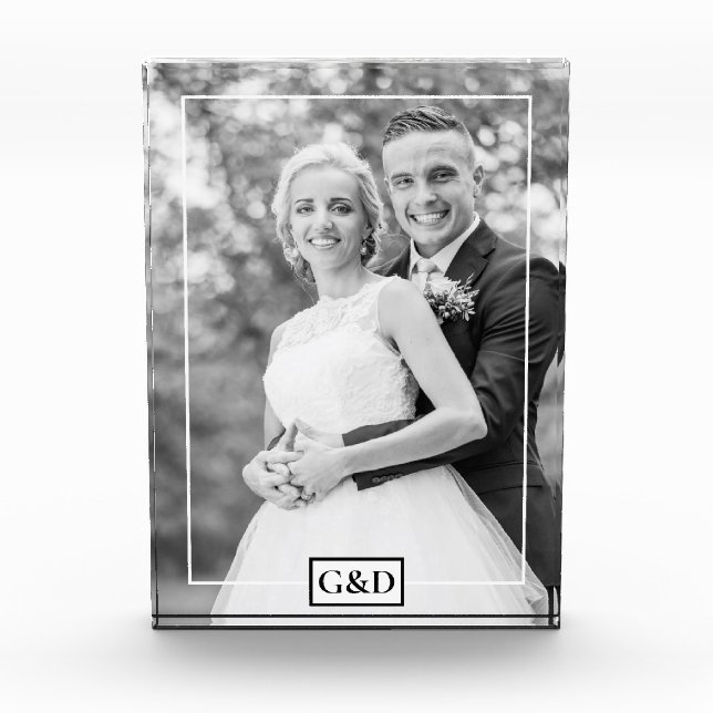 Elegant white thin border and initials wedding photo block (Front)