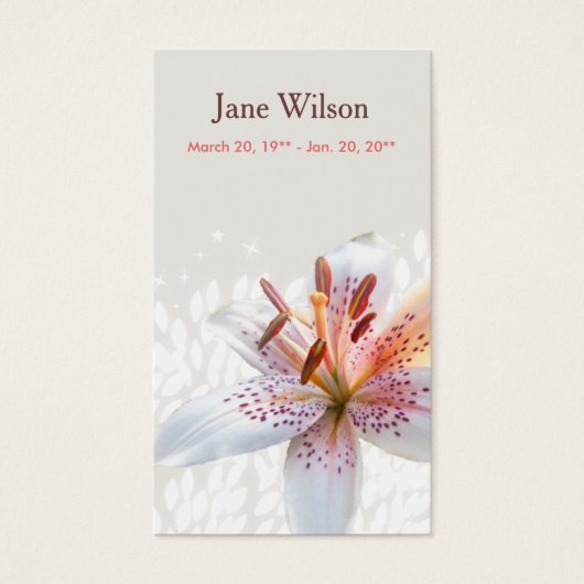 Elegant White Tiger Lily Name Prayer Card (Front)