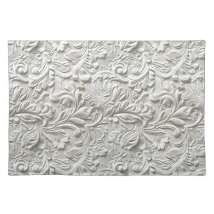 Elegant white tooled leather floral cloth placemat