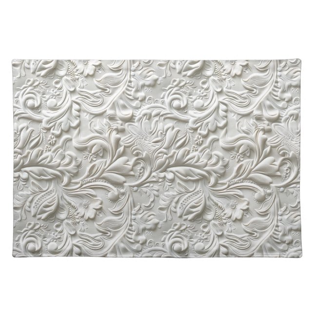 Elegant white tooled leather floral cloth placemat (Front)