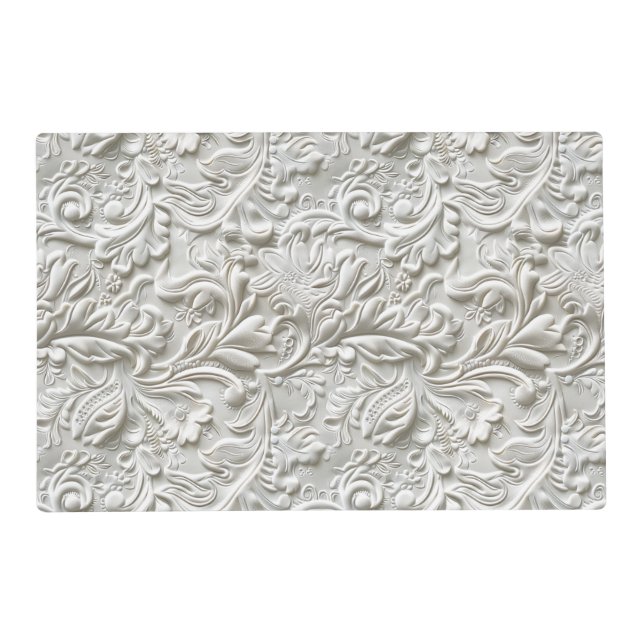 Elegant white tooled leather floral placemat (Front)
