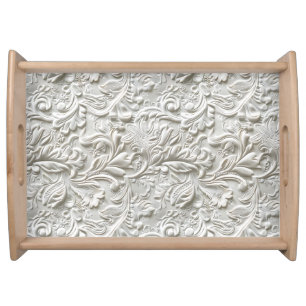 Elegant white tooled leather floral serving tray