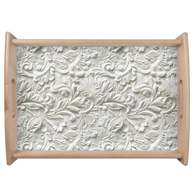 Elegant white tooled leather floral serving tray (Front)