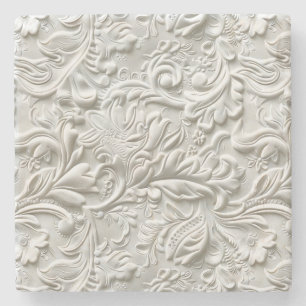 Elegant white tooled leather floral stone coaster