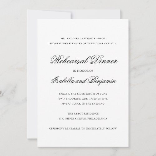 Elegant White Traditional Formal Rehearsal Dinner Invitation